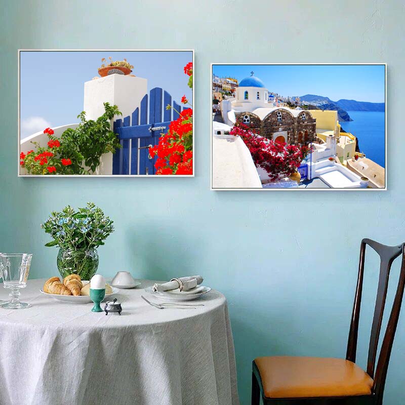 餐厅装饰画蓝色希腊风景地中海风格挂画简约饭厅卧室客厅背景壁画