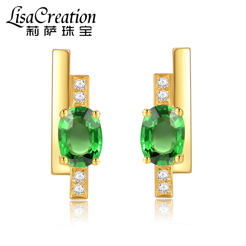 莉萨珠宝 天然沙弗莱耳钉女 18K金镶嵌天然钻石绿色宝石耳环定制