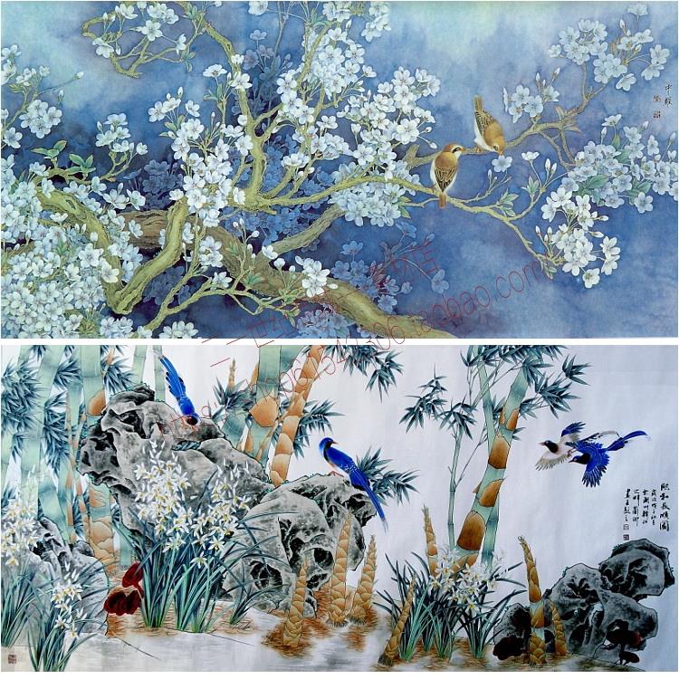 DA26长方形横幅工笔花鸟中国传统绘画水彩无框画高清图片素材