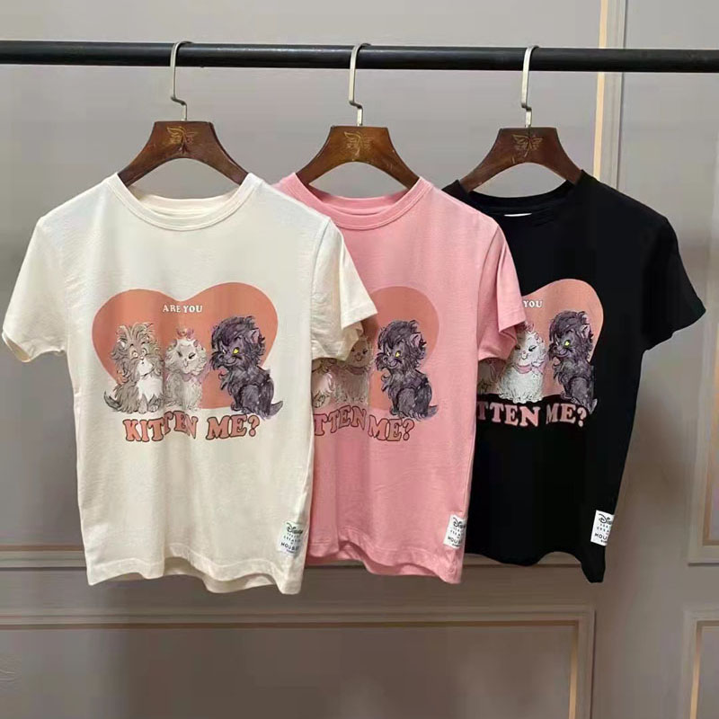 2023夏季新款日系M家合作款动漫可爱猫咪印花字母圆领短袖T恤女