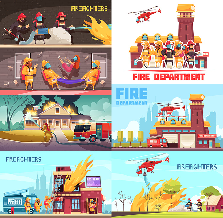 卡通消防员灭火插画 火灾救火救人急救场景 AI格式矢量设计素材