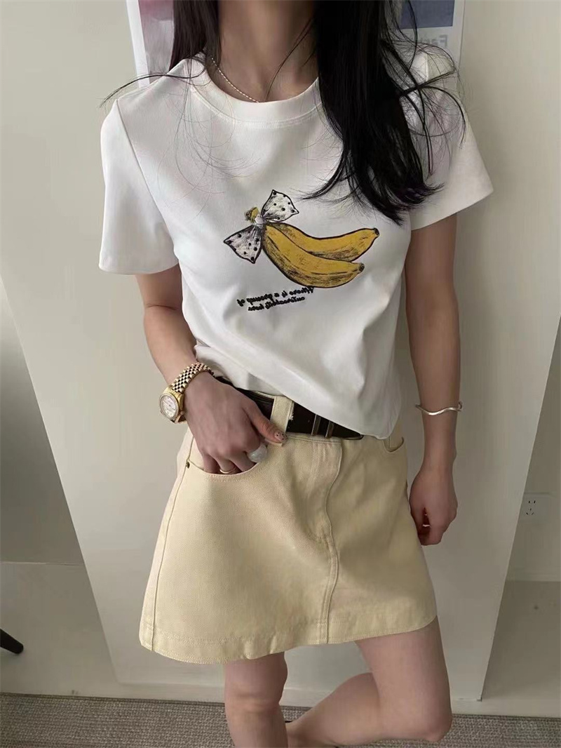 欧货小版T恤衫女2024夏季新款时尚字母香蕉图案短袖纯棉圆领上衣