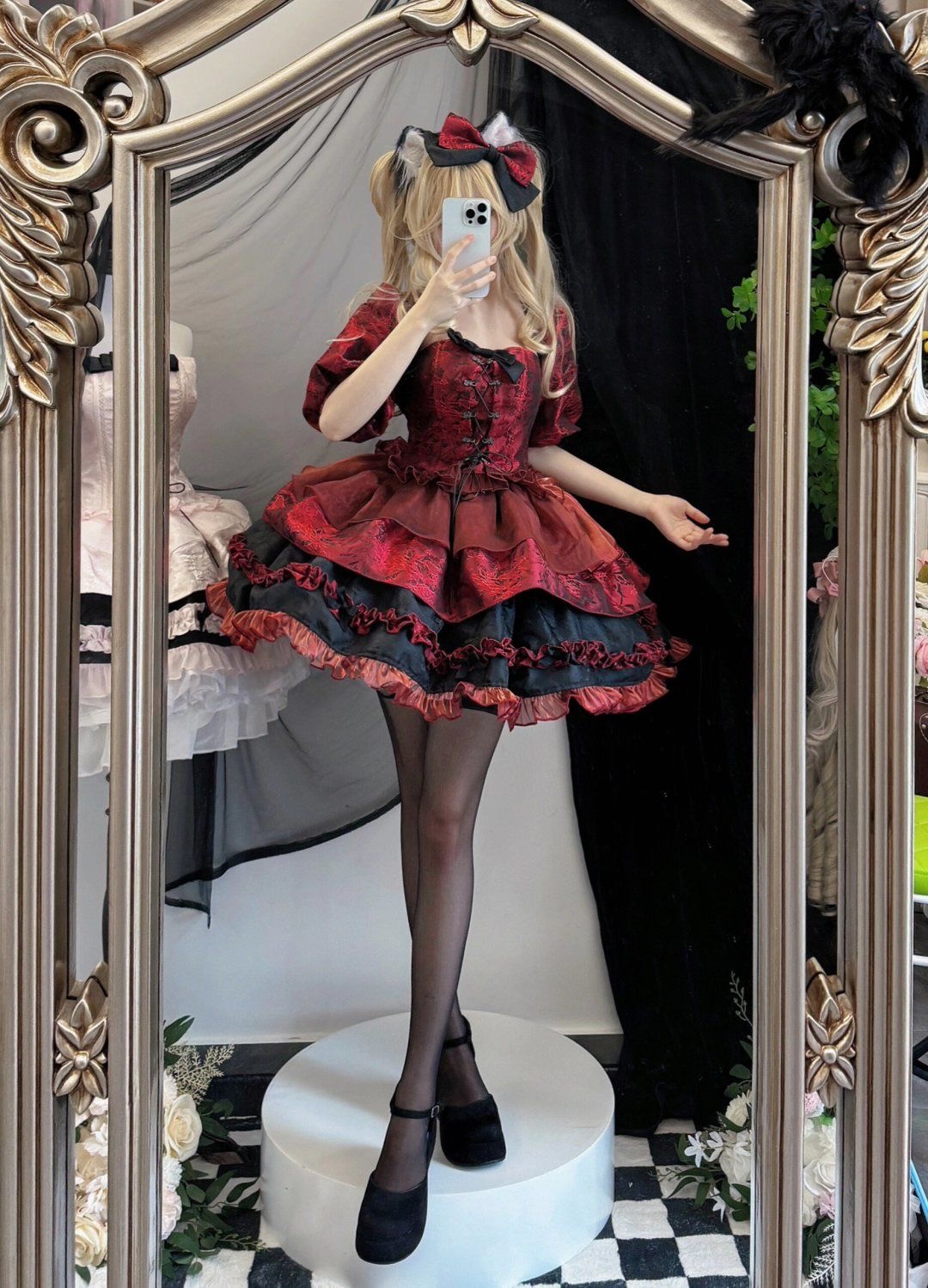夏季高级感暗黑系Lolita洛丽塔红色设计感提花蝴蝶结收腰蓬蓬裙子