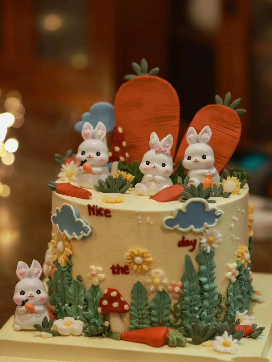 可爱兔宝宝生日蛋糕装饰摆件满月百天男孩女孩小兔子甜品台插件