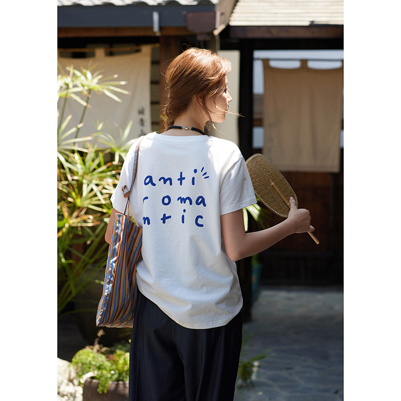 「MISAZ」 anti romantic 手绘字母图案印花短袖 俏皮卡通圆领T恤