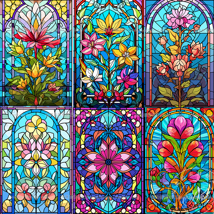 欧式花纹哥特式教堂玻璃窗户艺术彩色花纹彩雕精雕矢量设计素材