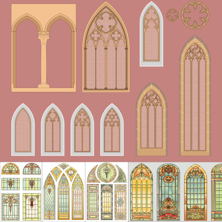 异域哥特式宗教堂窗户玻璃花纹雕花欧式拱门设计EPS矢量素材