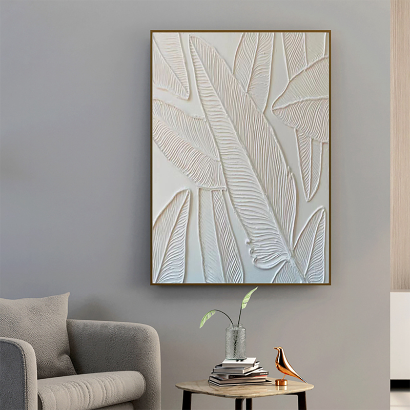 纯手工立体装饰画抽象油画厚肌理树叶画现代极简挂画简单白色壁画