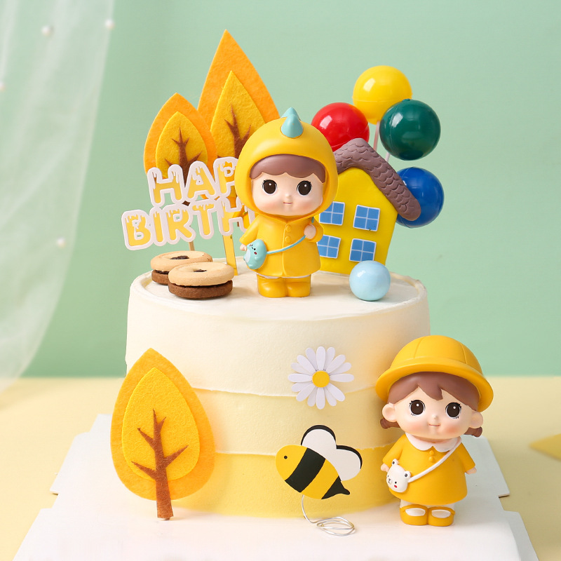 小黄帽蛋糕装饰摆件网红可爱背包娃娃萌萌女孩儿童生日烘焙插件