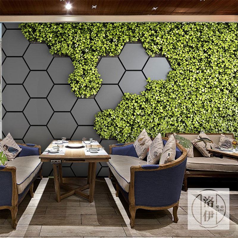 小清新绿色植物背景墙纸西餐厅奶茶店休闲创意3d立体草坪绿植壁纸