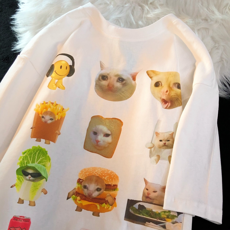 Daiwing 今日步数1w+ 夏季甜酷猫猫贴画半袖美式宽松情侣短袖T恤