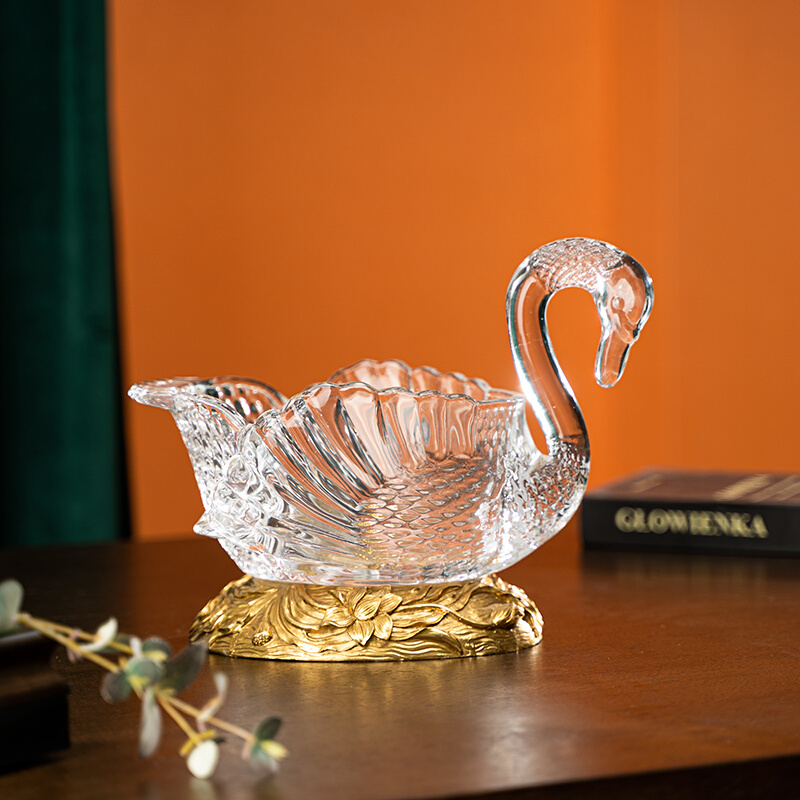欧式美式水晶玻璃镶铜天鹅果盘创意结婚送礼客厅家用装饰轻奢摆件