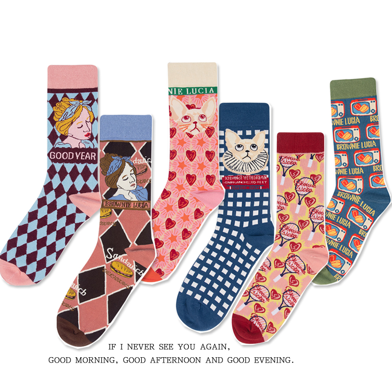 英伦复古童趣插画袜卡通菱形格纹中筒袜少女堆堆彩色个性袜子