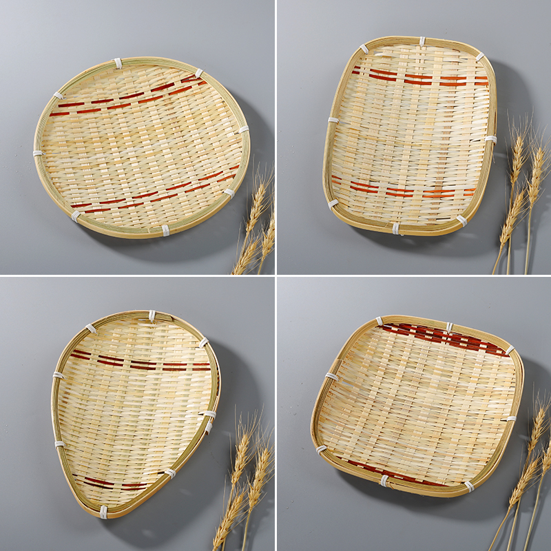 手工竹编制品干果盘水果篮双色茶点盘创意家用竹盘收纳筐圆形簸箕