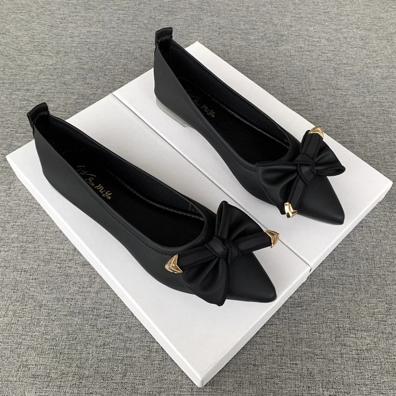GG。法式尖头单鞋女春秋季2024新款黑色蝴蝶结平底鞋工作软皮舒适