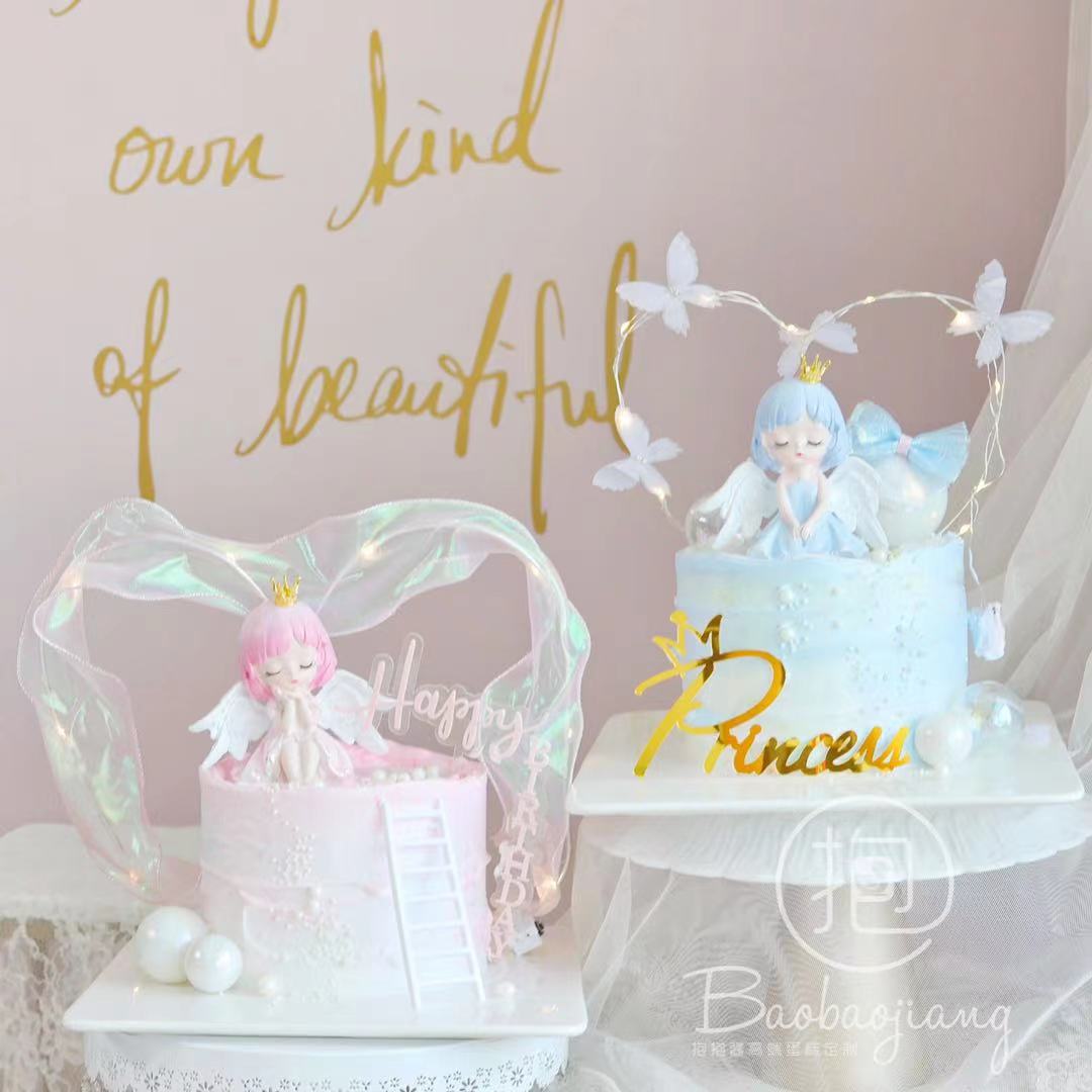 小天使蛋糕装饰摆件粉色系蓝色系梦幻公主可爱少女心卡通生日插件