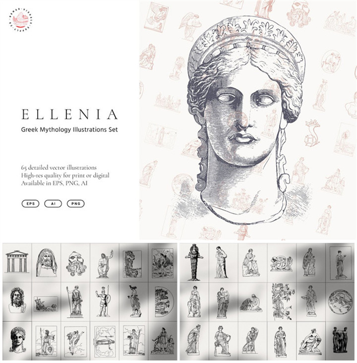 A0731矢量AI设计素材 65张希腊神话人物女神雕塑线稿插画+png