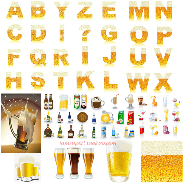 啤酒花泡沫英文字母啤酒瓶果汁甜品饮料酒杯矢量图设计素材A895
