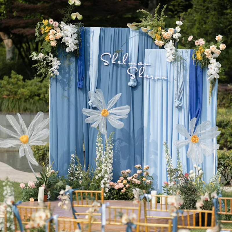 天蓝色淡蓝色雾霾蓝四面弹力布料幼儿园环创婚礼背景装饰吊顶布幔