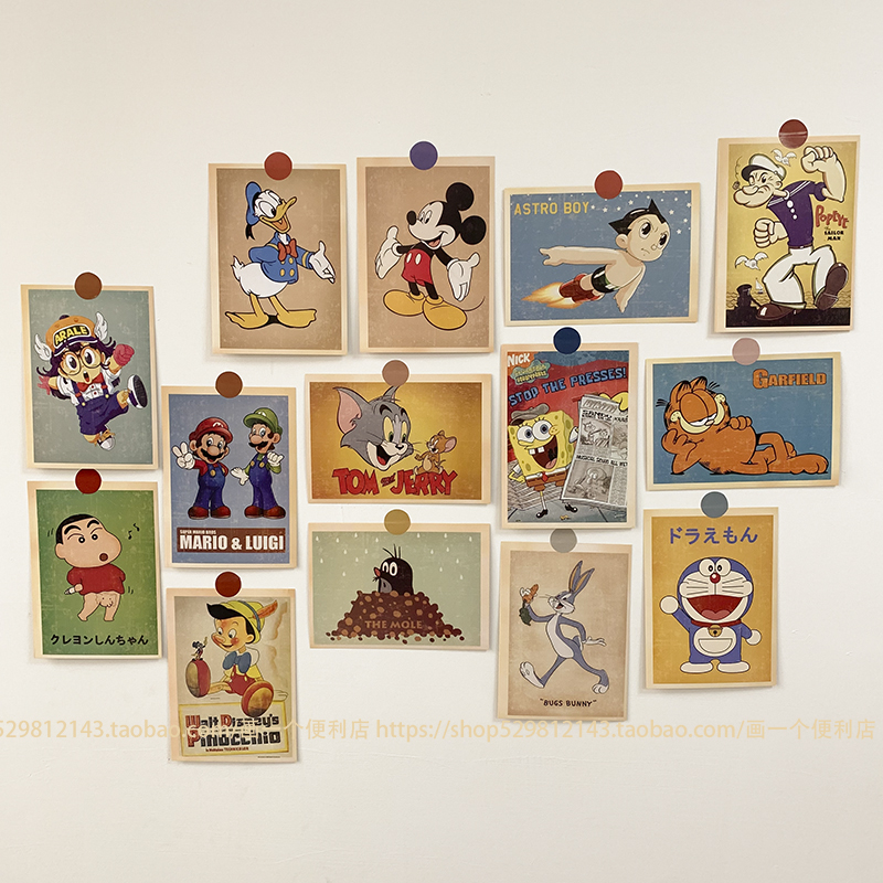 H-store 复古动漫卡片墙贴猫和老鼠明信片可爱怀旧卡通墙面装饰