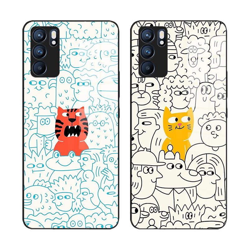 老虎和猫适用OPPO手机壳reno11 reno10 9 8 7 6 5 4 3 pro原创意趣味简笔画卡通小众全包镜头玻璃保护壳reno