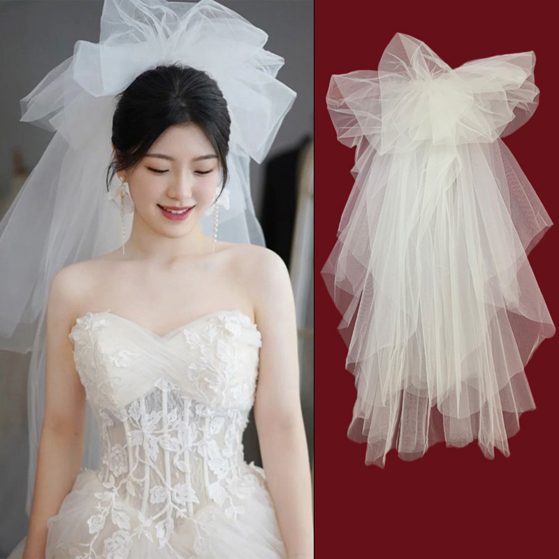 2024新款头纱抓纱抓泡云朵蓬蓬头纱韩式新娘摄影造型婚纱跟妆白色