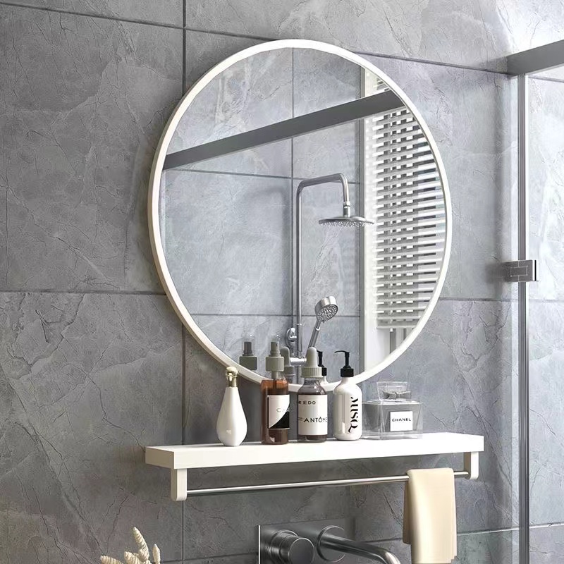 白色圆形浴室镜子北欧风卫生间化妆镜带置物架洗手间壁挂式免打孔