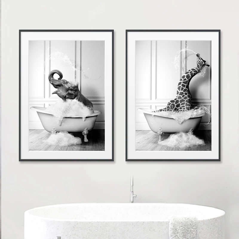 洗手间卫生间创意壁画趣味搞笑浴缸动物装饰画浴室北欧风黑白挂画