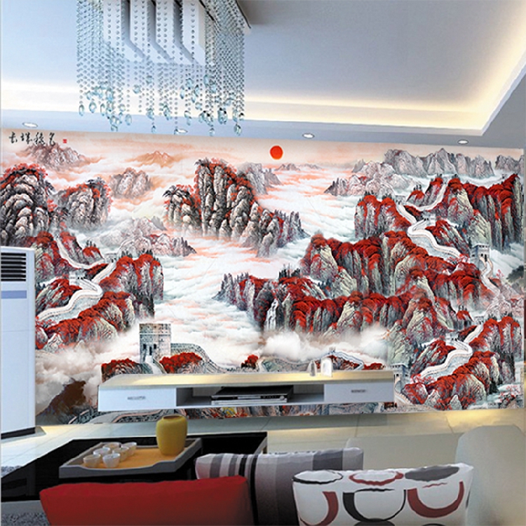 水墨国画日出万里长城壁纸中式大型壁画古典壁纸客厅酒店风景背景