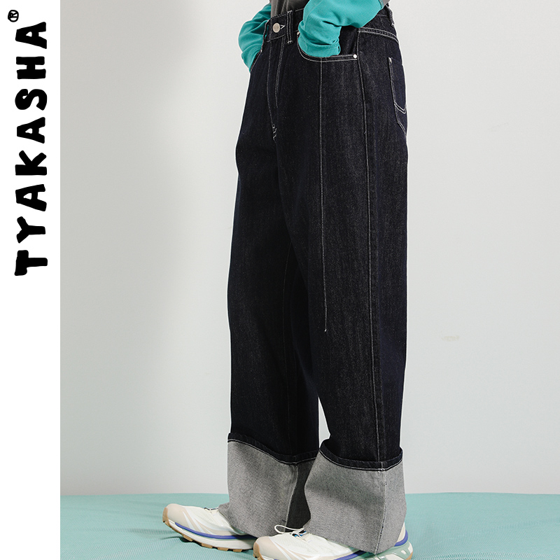 【晚安系列】TYAKASHA塔卡沙裤子2023冬季新款情侣翻边长裤牛仔裤