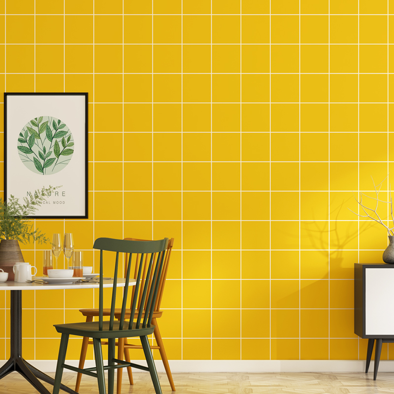 北欧 ins亮黄色格子壁纸网格方格背景墙网红奶茶店黄色棋盘格墙纸