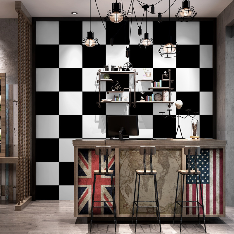 黑白棋盘格子简约餐厅装饰墙布发廊理发服装糖水店女装背景墙壁纸