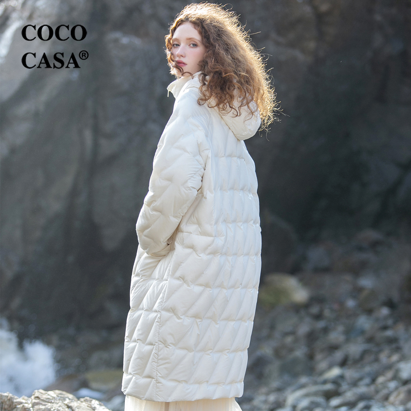 cococasa原创鸭绒茧型过膝羽绒服女中长款2023冬新零鹅绒白色外套