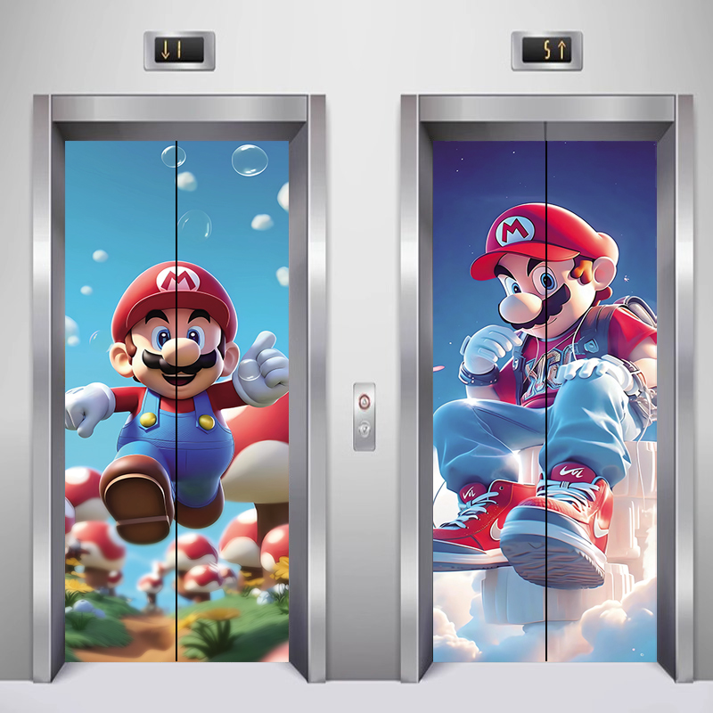 电梯贴纸一梯一户高级感玄关加厚马里奥可爱卡通门贴入户门装饰画