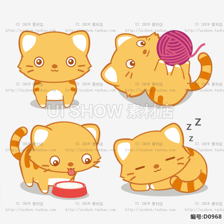 卡通可爱小猫咪宠物玩耍毛线球睡觉吃饭动作表情形象UI矢量素材