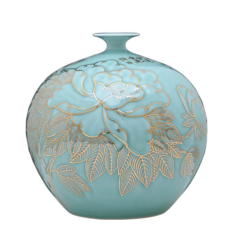 景德镇陶瓷器花瓶大师手绘青釉描金石榴瓶中式客厅装饰品摆件大号