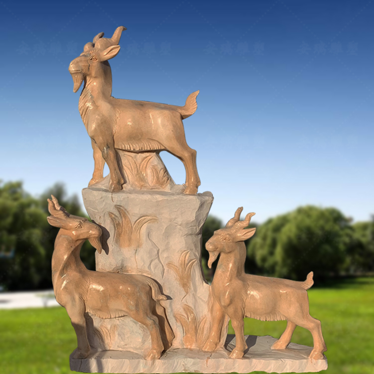 石雕三羊开泰 大理石晚霞红三羊开泰 山羊母子羊动物摆放景观雕塑