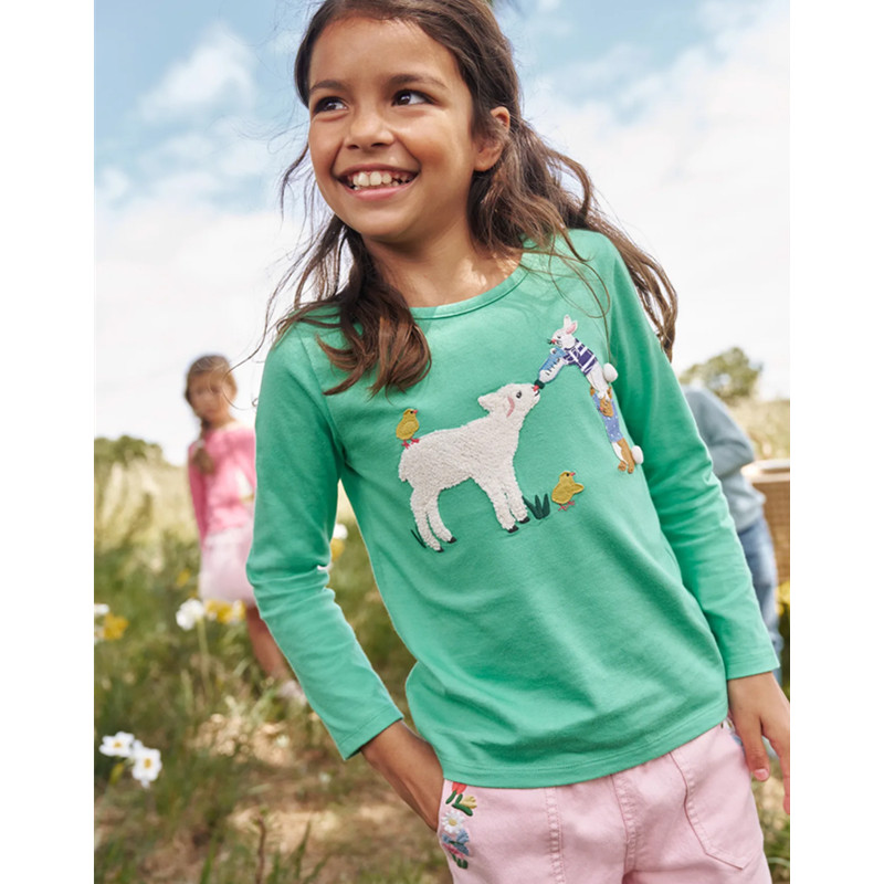 英国mini B BD童装代购 女童2024新款 绿色兔子纯棉长袖T恤衫上衣