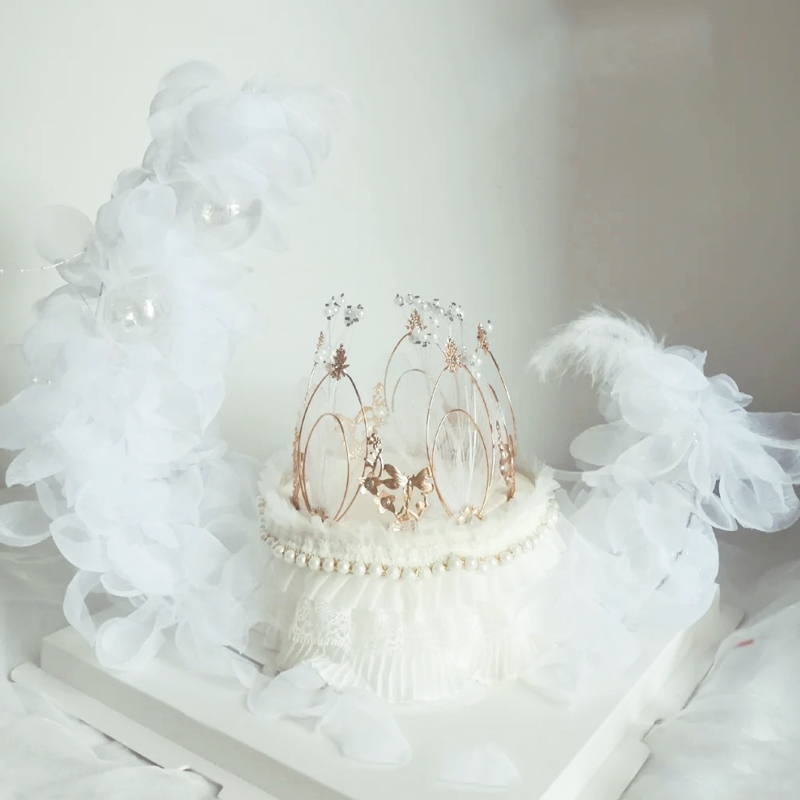 蛋糕装饰摆件月亮船铁艺插件白色花朵纱纱皇冠仙女装扮透明球羽毛