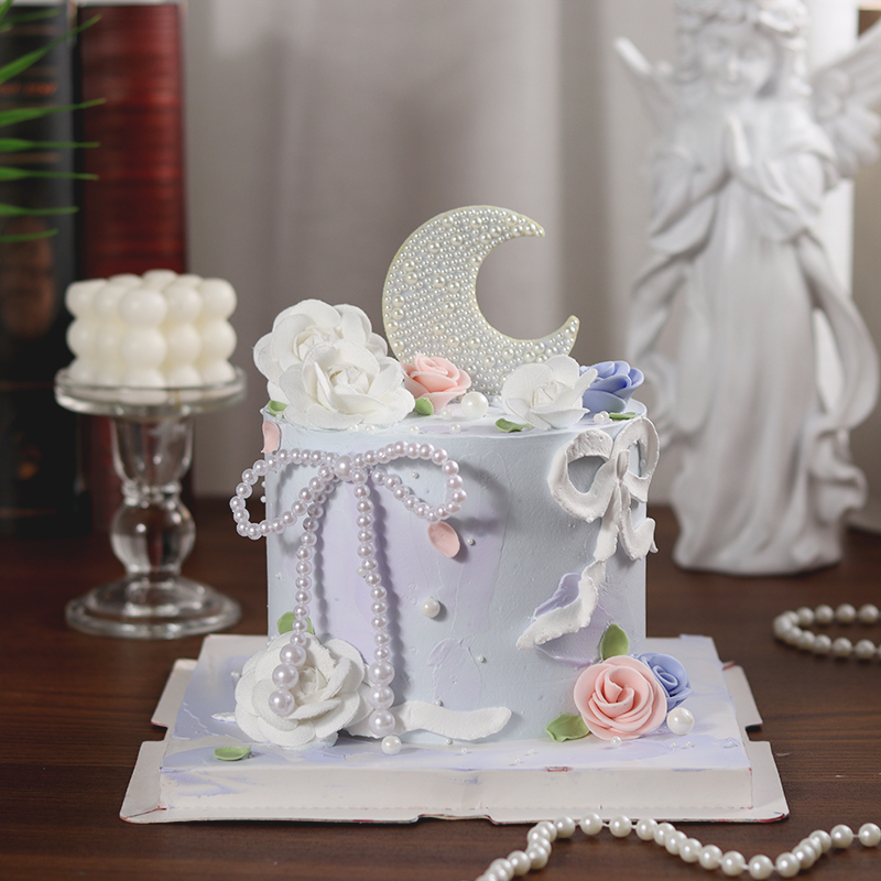 小仙女月亮船珍珠月亮蛋糕装饰摆件花朵女神蝴蝶结闺蜜烘焙插件
