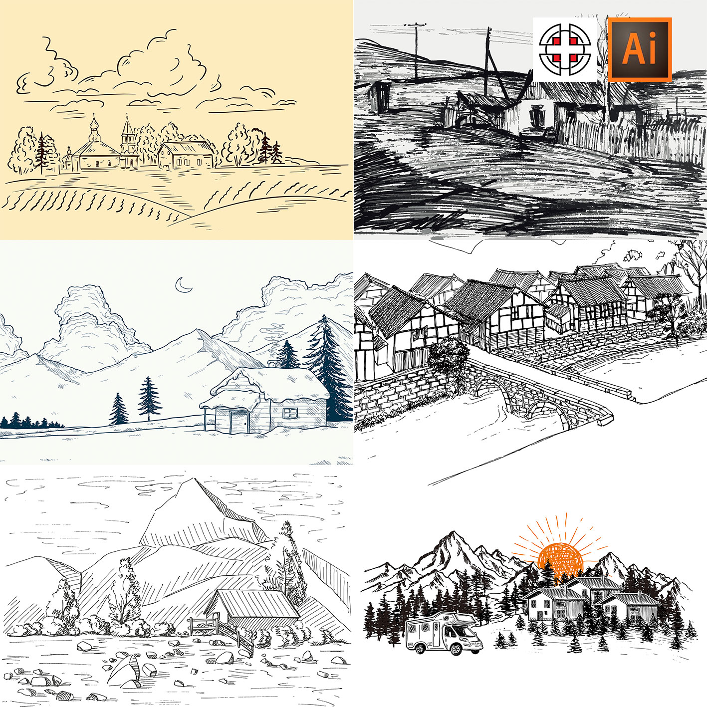 手绘草图素描乡村农村村庄房子木屋风景插图AI矢量设计素材