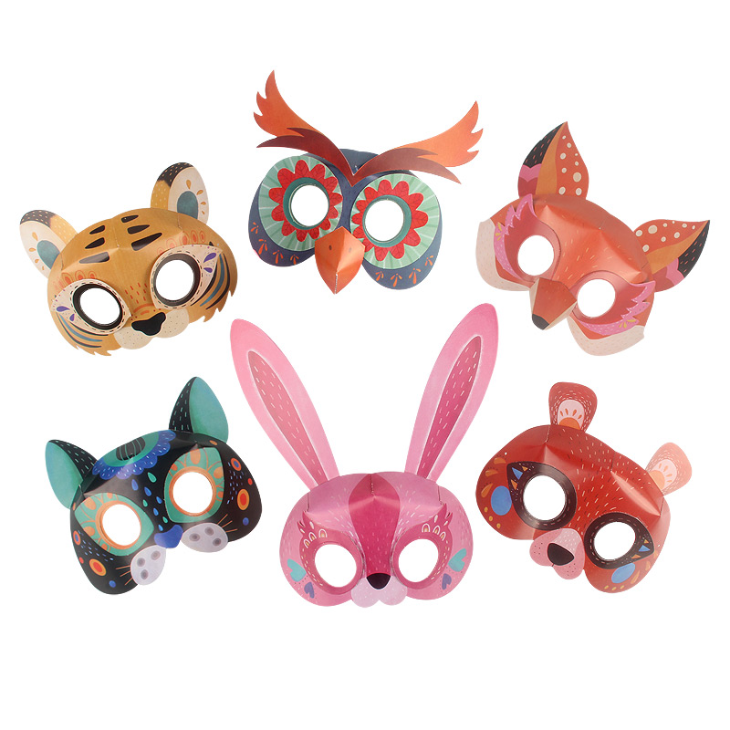幼儿园儿童手工制作动物面具 老虎兔子DIY彩纸粘贴表演面饰万圣节