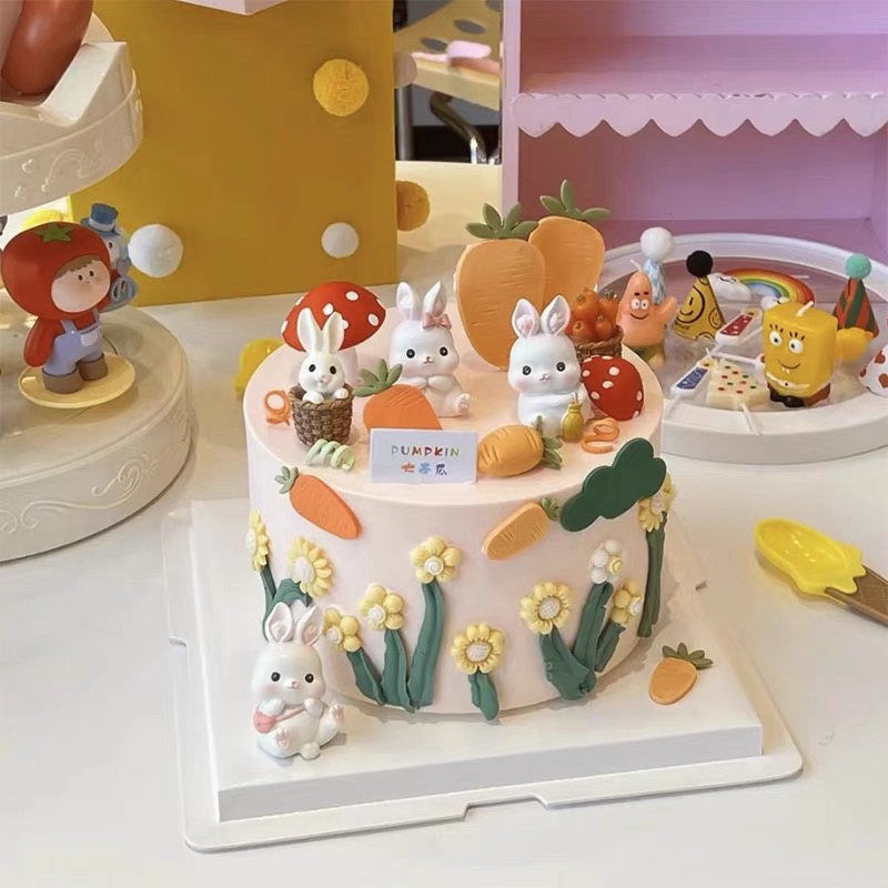 可爱兔宝宝一周岁满月生日蛋糕装饰白色小兔子胡萝卜摆件蘑菇插件
