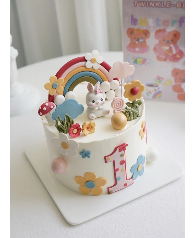 兔兔蛋糕装饰摆件胡萝卜栅栏白色云朵泡沫软陶花朵彩虹蘑菇房子f