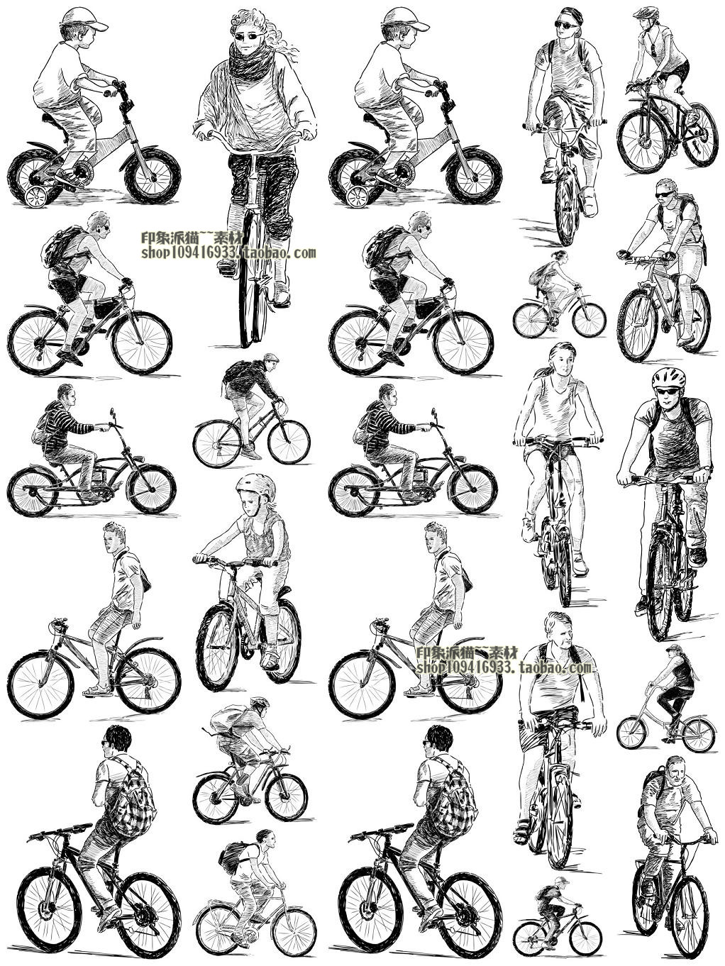 矢量设计素材 25张骑自行车人物黑白素描手绘线稿儿童背包 EPS