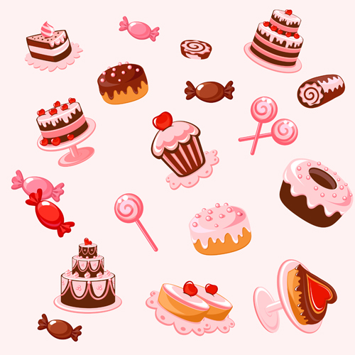 卡通甜品 可爱粉色蛋糕糖果棒棒糖甜食图标 AI矢量设计素材