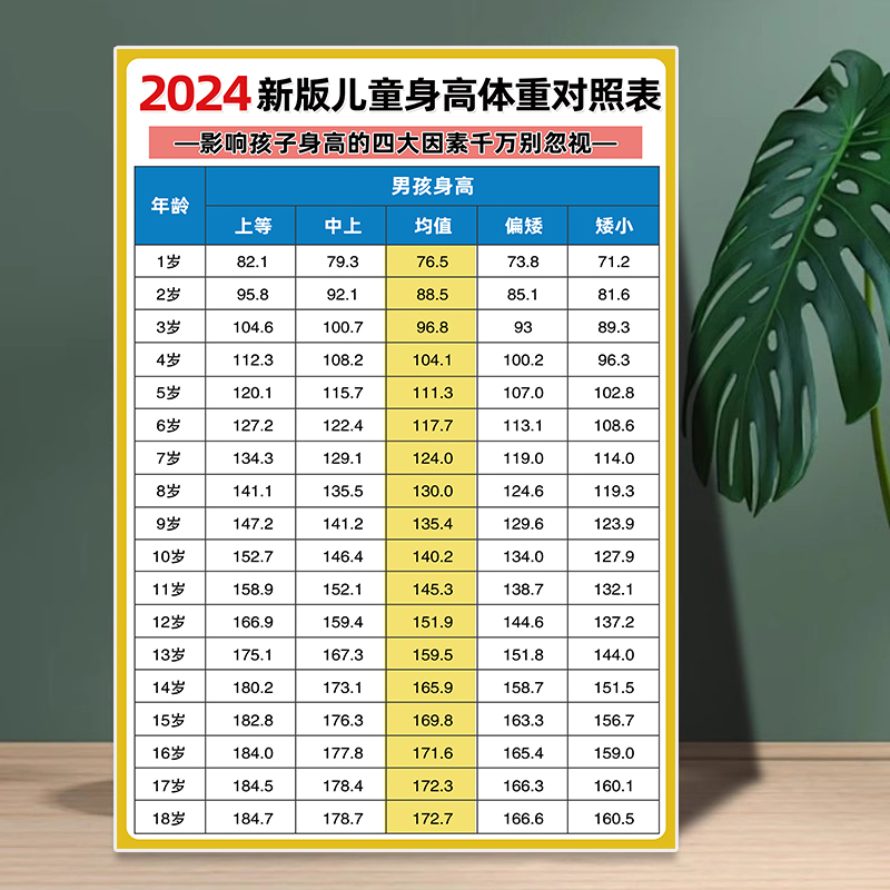 2024儿童标准体重身高对照表挂图1-18岁身高体重身高对照表墙贴纸