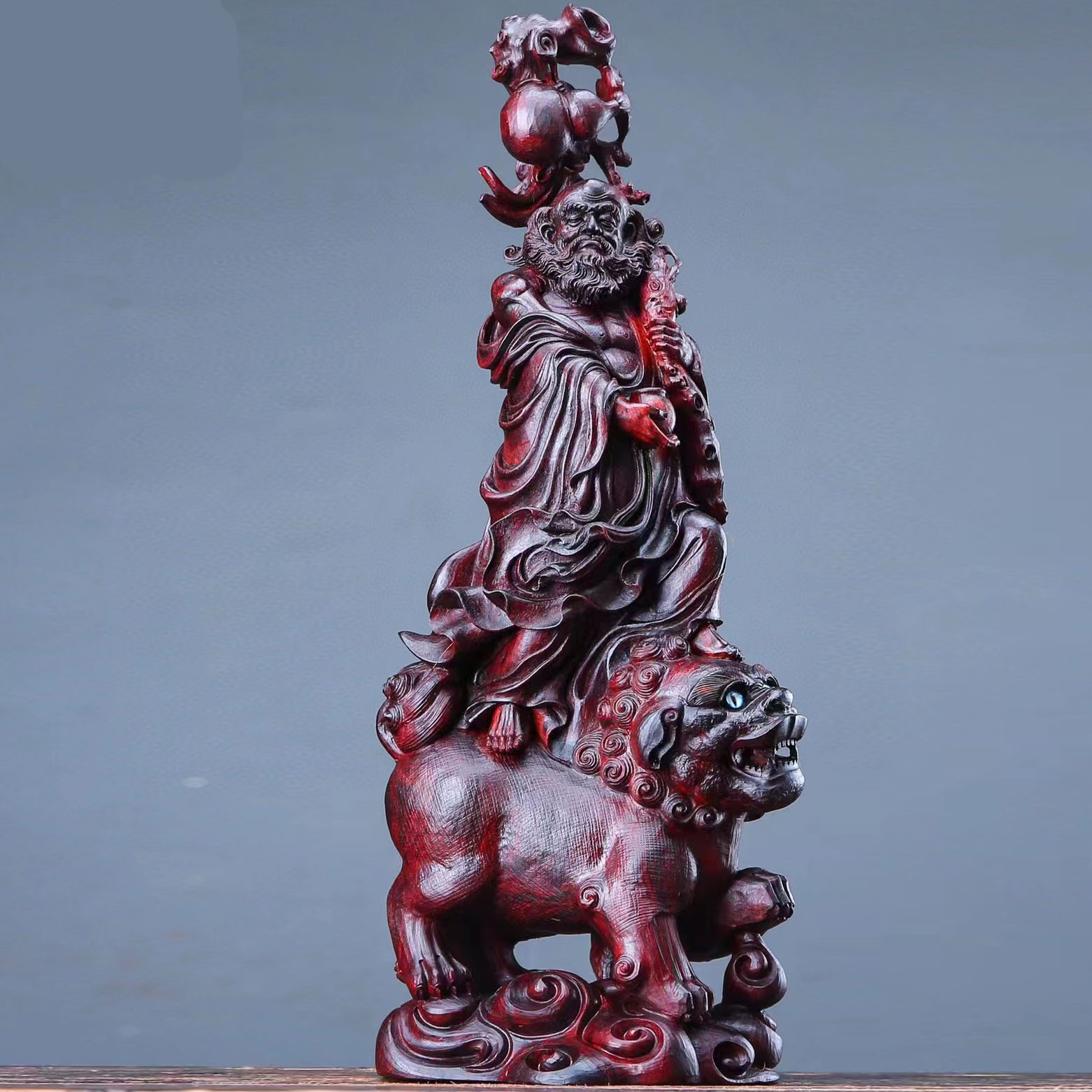 印度小叶紫檀武达摩戏狮祖师木雕刻纯手工红木神佛像摆件工艺佛像