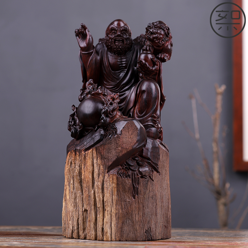 絮旧 达摩戏狮木雕摆件 印度小叶紫檀木家用客厅佛像禅意手工雕刻