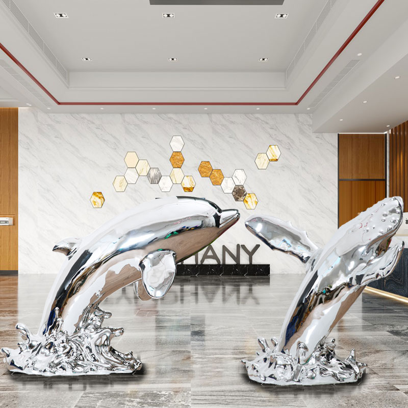酒店大堂落地海豚雕塑艺术品售楼处别墅展厅玻璃钢电镀软装置摆件